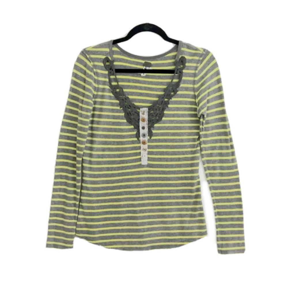 Free People Striped Thermal Henley Top Long Sleeves Gray Yellow Sz S